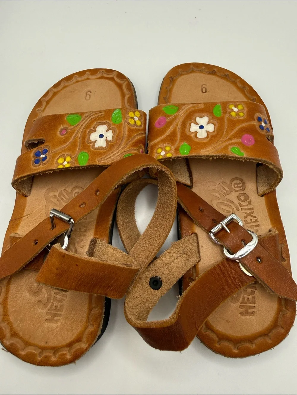 Kids Brown Leather Floral Sandals
